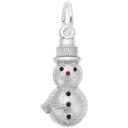 The Rembrandt Charms Snowman Charm in sterling silver showcases a textured surface with black eyes, a red nose, three black buttons, and a ribbed top hat. It includes a small loop at the top for easy attachment to a bracelet or necklace.
