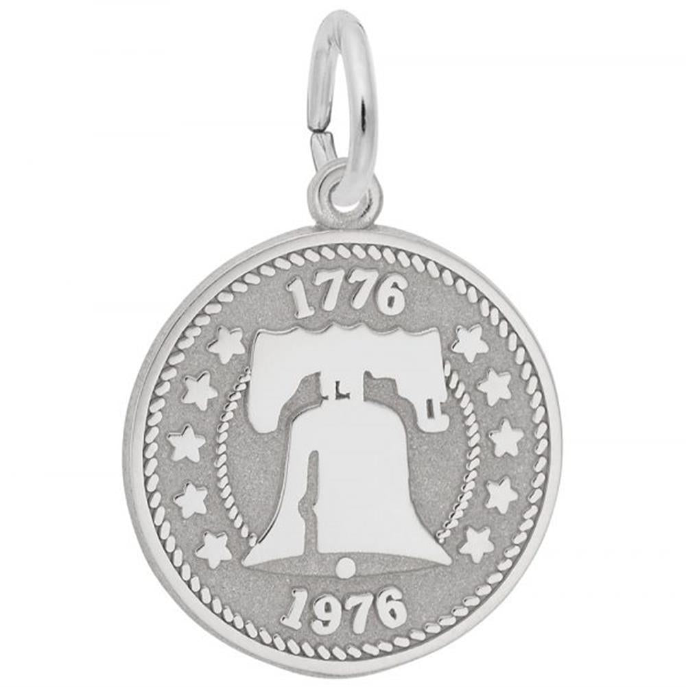 A detailed image of the Sterling Silver Liberty Bell Disc Charm by Rembrandt Charms. This charm features an intricately detailed Liberty Bell on a polished disc, measuring 0.7 inches by 0.7 inches (17.78 mm by 17.78 mm). The charm has a sleek sterling silver finish, perfect for adding a touch of American heritage to any charm bracelet or necklace. Style number 3496.