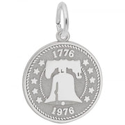 A detailed image of the Sterling Silver Liberty Bell Disc Charm by Rembrandt Charms. This charm features an intricately detailed Liberty Bell on a polished disc, measuring 0.7 inches by 0.7 inches (17.78 mm by 17.78 mm). The charm has a sleek sterling silver finish, perfect for adding a touch of American heritage to any charm bracelet or necklace. Style number 3496.