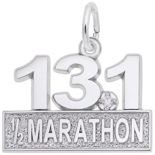 The Marathon 13.1 W/White Spinel Charm by Rembrandt Charms features a sterling silver pendant with the number "13.1" on top of a rectangular plate inscribed with "1/2 MARATHON," accentuated by a small white spinel gem.