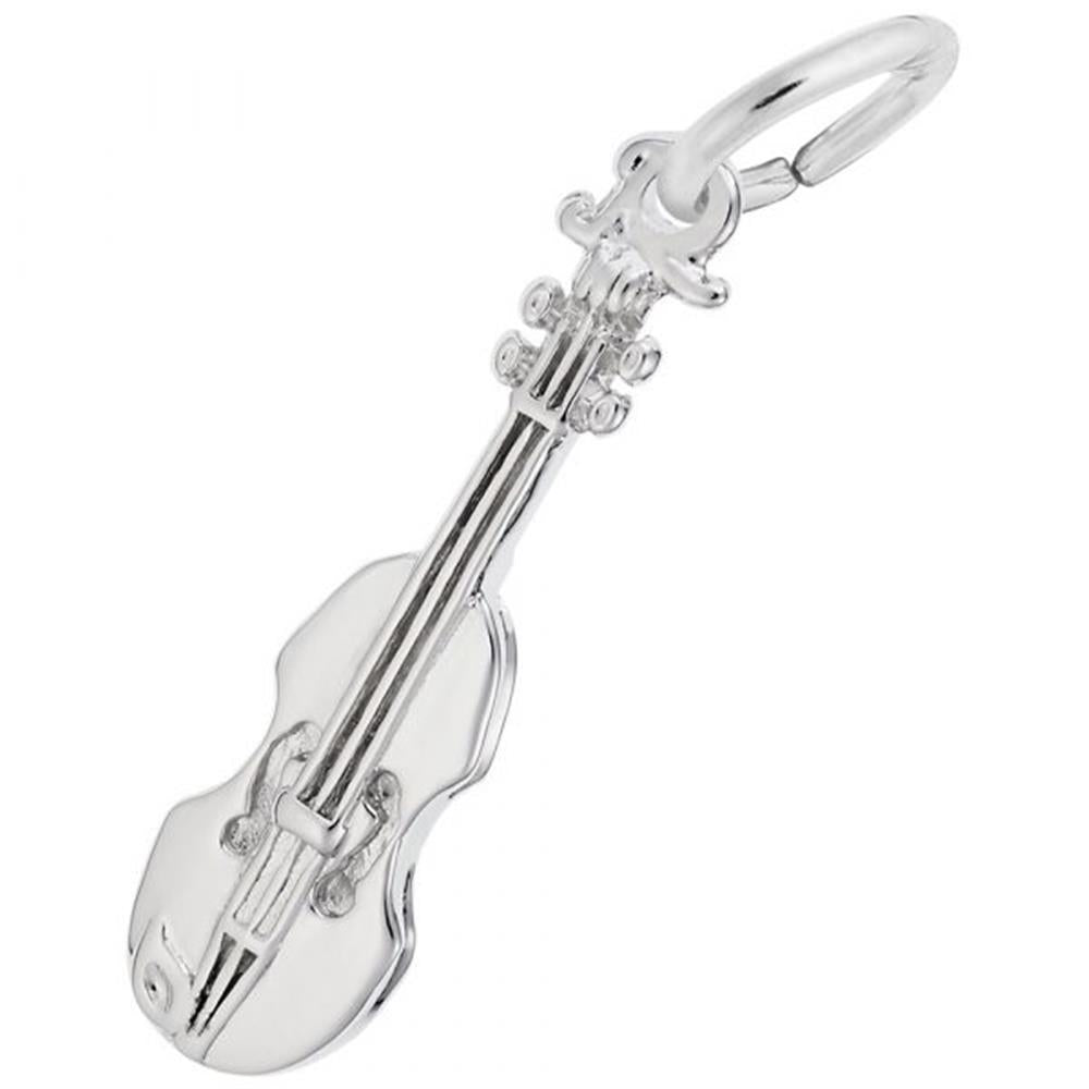 The Violin Charm by Rembrandt Charms is crafted from sterling silver and features intricate details like strings, pegs, and a bridge. It includes a small loop at the top for easy attachment to a necklace or bracelet. This charm is highly polished, creating a beautiful reflective shine.