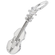 The Violin Charm by Rembrandt Charms is crafted from sterling silver and features intricate details like strings, pegs, and a bridge. It includes a small loop at the top for easy attachment to a necklace or bracelet. This charm is highly polished, creating a beautiful reflective shine.