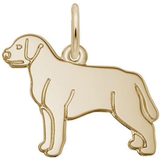 Introducing the Flat Labrador Retriever Dog Flat Charm by Rembrandt Charms. This gold-plated sterling silver pendant features a minimalist design with simple lines outlining the profile of a standing Labrador Retriever. The charming piece includes a small loop at the top for easy attachment to a chain or string.