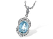 The Allison Kaufman 14K Gold Aquamarine & Diamond Necklace features a detailed twisted chain and an oval-cut aquamarine pendant, adorned by a swirling halo of sparkling diamonds.