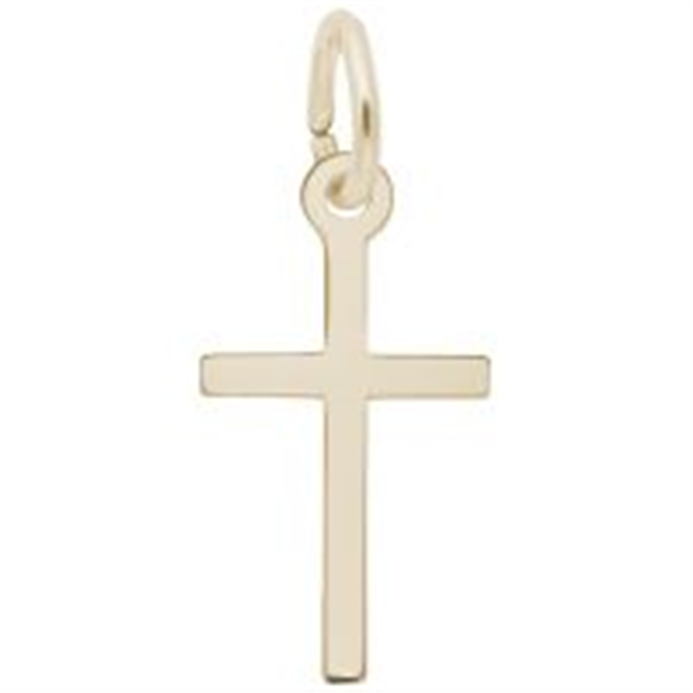 The Rembrandt Charms Small Thin Cross Charm in gold plated finish features a minimalist design with a petite loop at the top, perfect for adding to your favorite necklace or chain. This elegant charm is showcased against a plain white background.