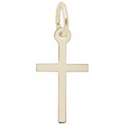 The Rembrandt Charms Small Thin Cross Charm in gold plated finish features a minimalist design with a petite loop at the top, perfect for adding to your favorite necklace or chain. This elegant charm is showcased against a plain white background.