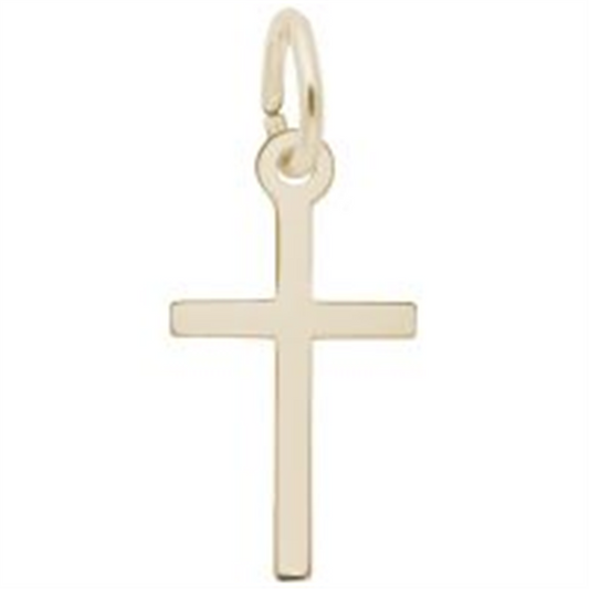 The Rembrandt Charms gold-plated cross pendant features a polished finish and minimalistic lines, complete with a small circular loop for easy attachment to a chain or necklace.