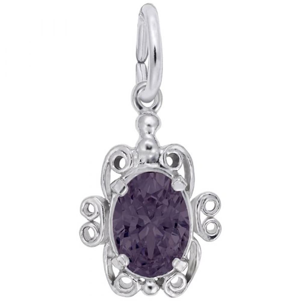 The Filigree June Birthstone Charm by Rembrandt Charms is a sterling silver pendant shaped like a stylized turtle, featuring an oval purple gemstone at the center. Its ornate filigree design includes a loop for chain attachment, ideal for those who admire the elegance of Rembrandt Charms.