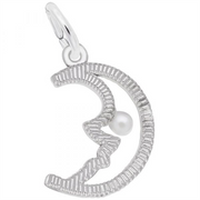 The “Half Moon with Pearl Charm - Sterling Silver” by Rembrandt Charms features a silver crescent moon pendant with textured edges and a delicate white pearl set near the inner curve, attached to a simple loop for easy chain placement—an elegantly understated piece of celestial jewelry.