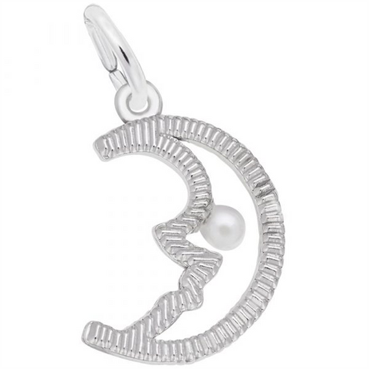 Rembrandt Charms' Half Moon with Pearl Charm in sterling silver features a textured half moon design, accented by a small white pearl inside. This elegant charm includes a convenient loop at the top for easy attachment to a chain or necklace.