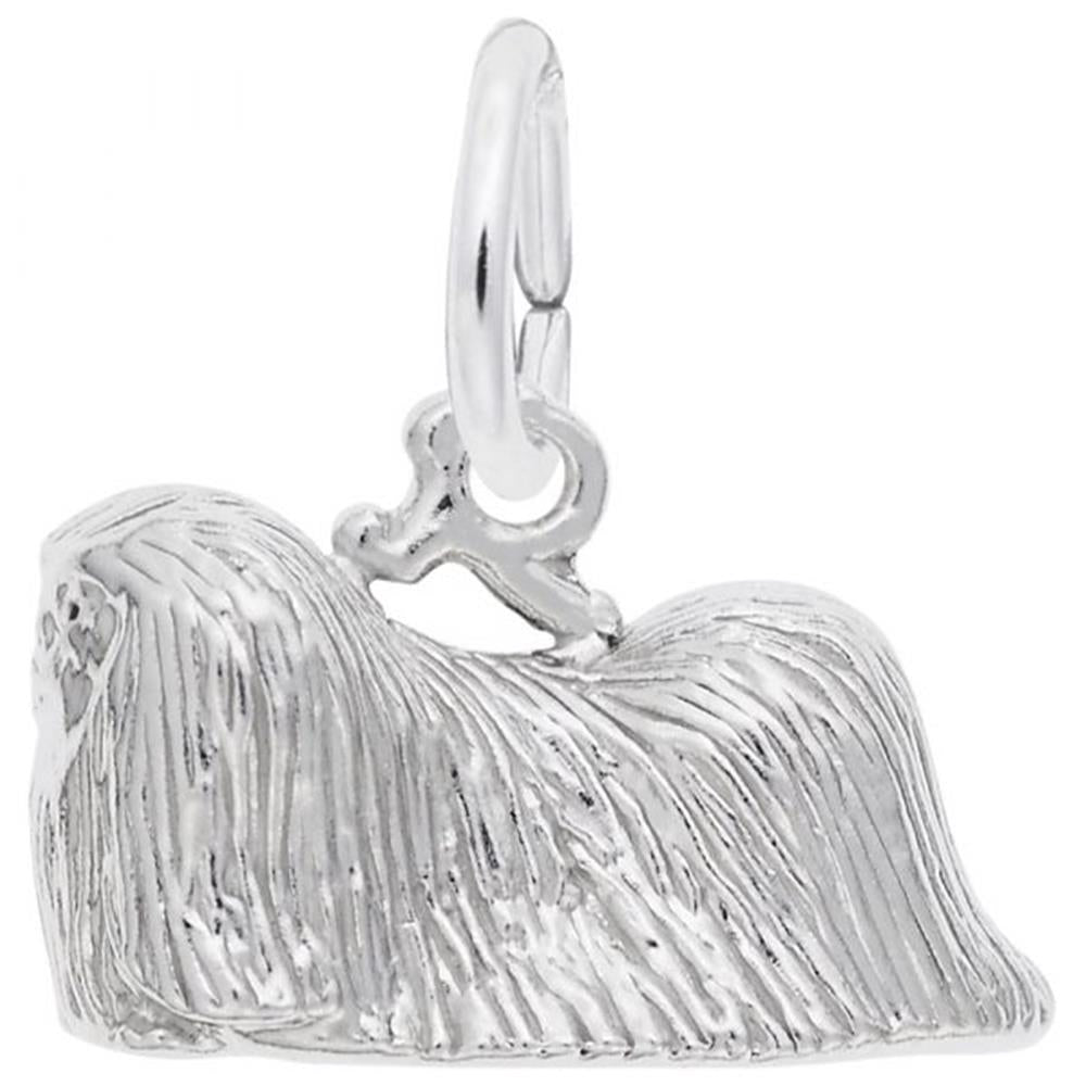 The Rembrandt Charms Pekingese Dog Charm in sterling silver features a detailed design of a long-haired Pekingese lying down, with textured fur and a small loop at the top for easy attachment to a bracelet or necklace.
