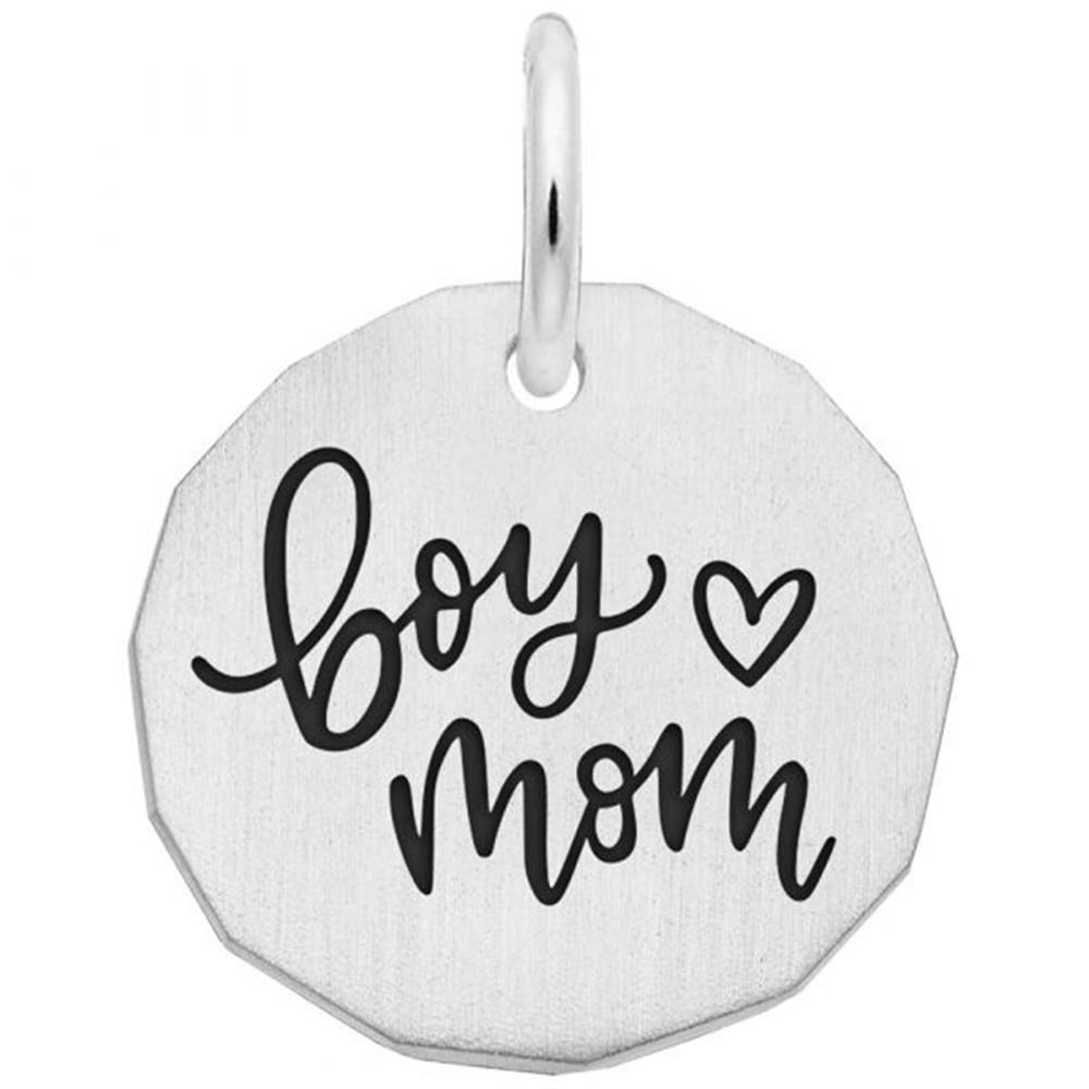 The Rembrandt Charms Boy Mom Charm is a sterling silver pendant with "boy mom" inscribed in black cursive and a heart shape beside the lettering—an ideal motherhood gift and a lovely piece of mother and son jewelry.
