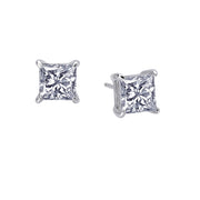 Lafonn 2.5 CTW Solitaire Stud Earrings feature square-cut clear gemstones in four-prong silver or white gold settings, shown against a white background.