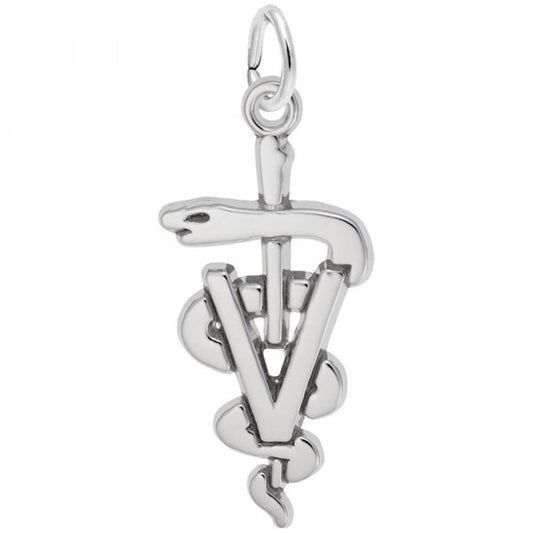 The Rembrandt Charms Veterinarian Charm in sterling silver showcases a caduceus symbol with a vertical rod and a coiled snake. The rod intersects a prominent 'V' shape, signifying veterinary medicine. This sophisticated piece is an ideal addition to pet jewelry for dedicated animal care professionals.