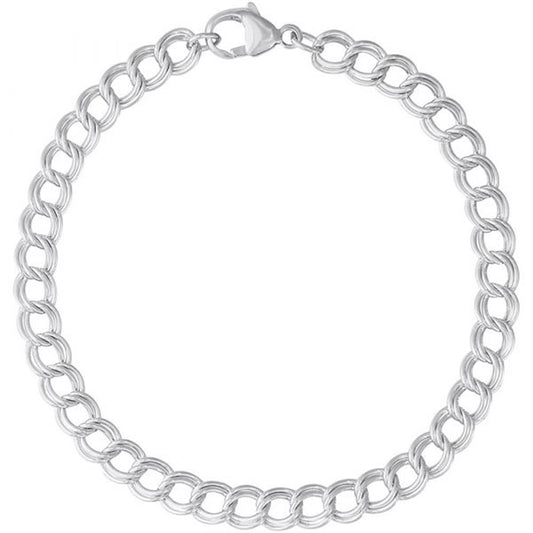 The Rembrandt Charms Charm Bracelet 7 Inch in sterling silver features interlocking round links and a lobster clasp. This simple and elegant design is perfect for both casual and formal occasions. Measuring 7 inches in length, the bracelet is showcased on a plain white background.