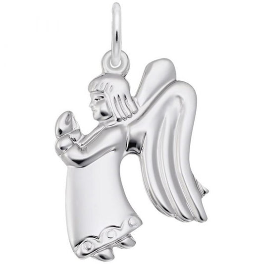 'Sterling silver charm of a flat praying angel girl with detailed wings and dress. Style 1678, 0.77 in x 0.91 in (19.54 mm x 23.12 mm).'