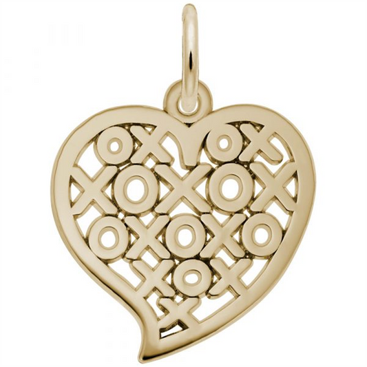 The Hugs and Kisses Heart Charm by Rembrandt Charms is a 14K Yellow Gold heart-shaped pendant featuring a tic-tac-toe design with alternating X's and O's. It includes a small loop at the top for attaching to a chain or necklace.