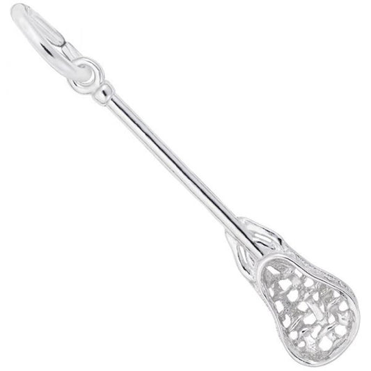 The Rembrandt Charms Lacrosse Charm in sterling silver is meticulously crafted to resemble a lacrosse stick, featuring a detailed lacrosse head with a woven pattern, an elongated handle, and a small loop at the top for easy attachment to bracelets or necklaces.