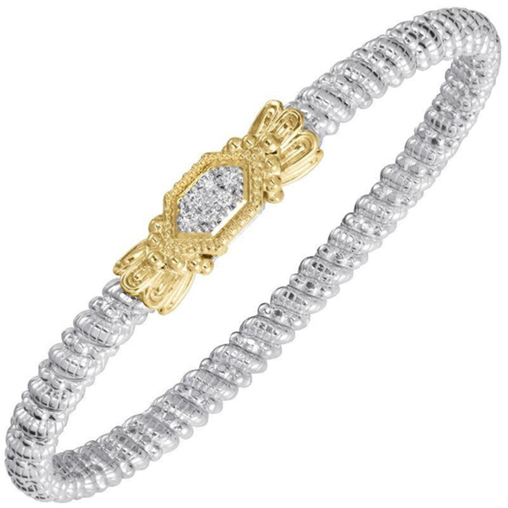 Here is a rewritten version of the sentence using the provided product data: The Alwand Vahan Jewelry 4mm Closed Bangle Bracelet showcases a central accent in 14k gold and sterling silver, adorned with 0.09ct of sparkling stones.