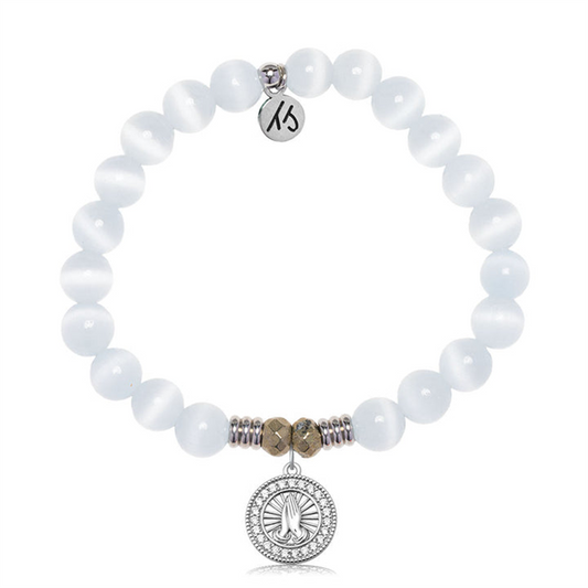 The T Jazelle White Cats Eye Gemstone Bracelet features white beads, metallic accents, and a sterling silver Prayers CZ charm, plus a small "KS" tag.