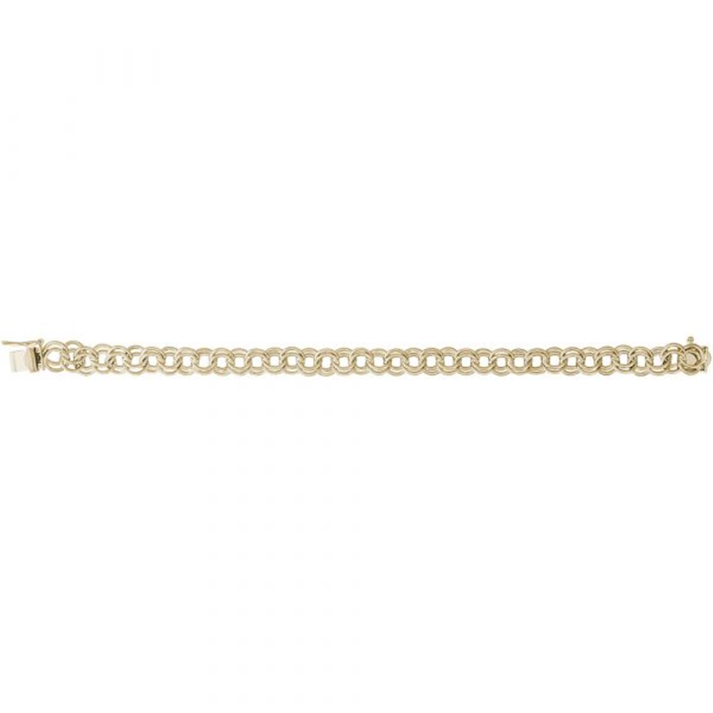 Displayed flat on a plain white background, the Rembrandt Charms Style 20-0025 bracelet boasts a series of interlocking round gold links arranged in a single row. The slightly larger clasp, positioned at the left end, enhances the bracelet's elegant design. This piece invites you to tell your story with its Large Double Link Curb Classic style.