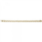 Displayed flat on a plain white background, the Rembrandt Charms Style 20-0025 bracelet boasts a series of interlocking round gold links arranged in a single row. The slightly larger clasp, positioned at the left end, enhances the bracelet's elegant design. This piece invites you to tell your story with its Large Double Link Curb Classic style.