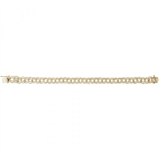 Displayed flat on a plain white background, the Rembrandt Charms Style 20-0025 bracelet boasts a series of interlocking round gold links arranged in a single row. The slightly larger clasp, positioned at the left end, enhances the bracelet's elegant design. This piece invites you to tell your story with its Large Double Link Curb Classic style.