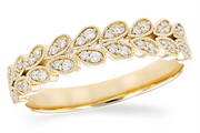 The Allison Kaufman LDS DIA WED RG .16 TW is a gold wedding ring with an ornate leaf pattern, each accented by sparkling diamonds totaling 0.16 carat for a refined, elegant look.