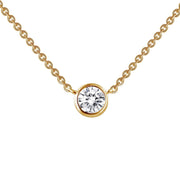 The Diamond Solitaire Necklace by Lafonn showcases a delicate gold chain adorned with a single round-cut simulated diamond set in a gold bezel. The diamond is centrally positioned, giving the piece a simple yet elegant appearance.