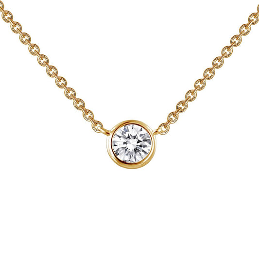 The Diamond Solitaire Necklace by Lafonn showcases a delicate gold chain adorned with a single round-cut simulated diamond set in a gold bezel. The diamond is centrally positioned, giving the piece a simple yet elegant appearance.