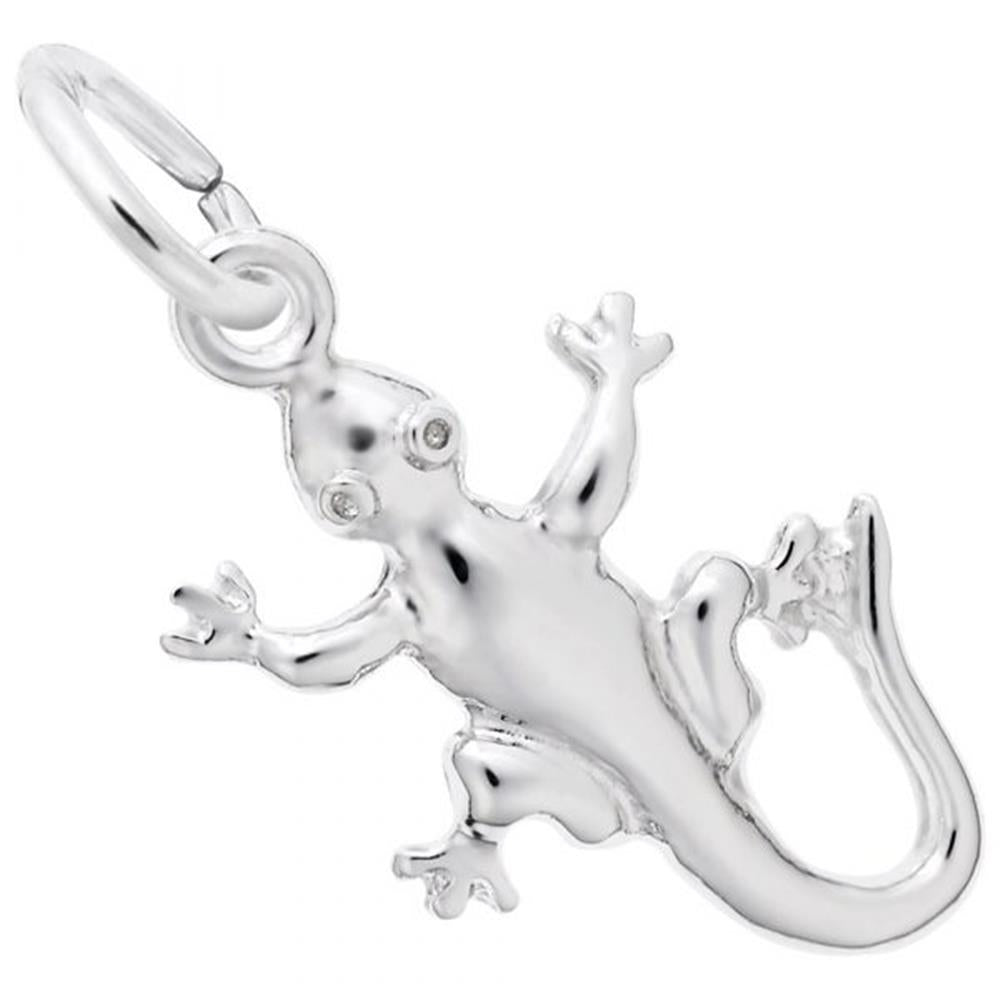 A silver Gecko Lizard Charm by Rembrandt Charms, designed from sterling silver with a smooth finish, set against a white background. The lizard features detailed eyes, legs, and a curled tail and is connected to a circular loop for easy attachment to a necklace or bracelet.