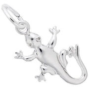 A silver Gecko Lizard Charm by Rembrandt Charms, designed from sterling silver with a smooth finish, set against a white background. The lizard features detailed eyes, legs, and a curled tail and is connected to a circular loop for easy attachment to a necklace or bracelet.