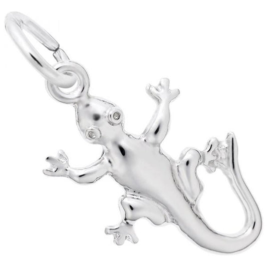 A silver Gecko Lizard Charm by Rembrandt Charms, designed from sterling silver with a smooth finish, set against a white background. The lizard features detailed eyes, legs, and a curled tail and is connected to a circular loop for easy attachment to a necklace or bracelet.