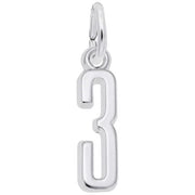 The Number 3 Charm in sterling silver by Rembrandt Charms features a loop at the top for easy attachment to a necklace or bracelet.