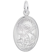 The St. Michael Charm by Rembrandt Charms is a sterling silver oval pendant adorned with a detailed engraving of an angel with outstretched wings, holding a sword and shield. The top of the pendant is inscribed with "ST. MICHAEL," while a small loop allows for easy attachment to a chain or bracelet, making it an ideal piece for any collection.