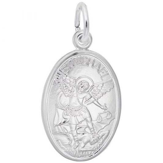 The St. Michael Charm by Rembrandt Charms is a sterling silver oval pendant adorned with a detailed engraving of an angel with outstretched wings, holding a sword and shield. The top of the pendant is inscribed with "ST. MICHAEL," while a small loop allows for easy attachment to a chain or bracelet, making it an ideal piece for any collection.