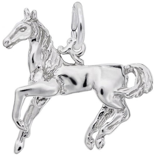 The Rembrandt Charms Horse - Galloping Charm, crafted from sterling silver, features intricate detailing on the mane and tail. This shiny pendant boasts a loop at the top for easy attachment to a chain or bracelet.