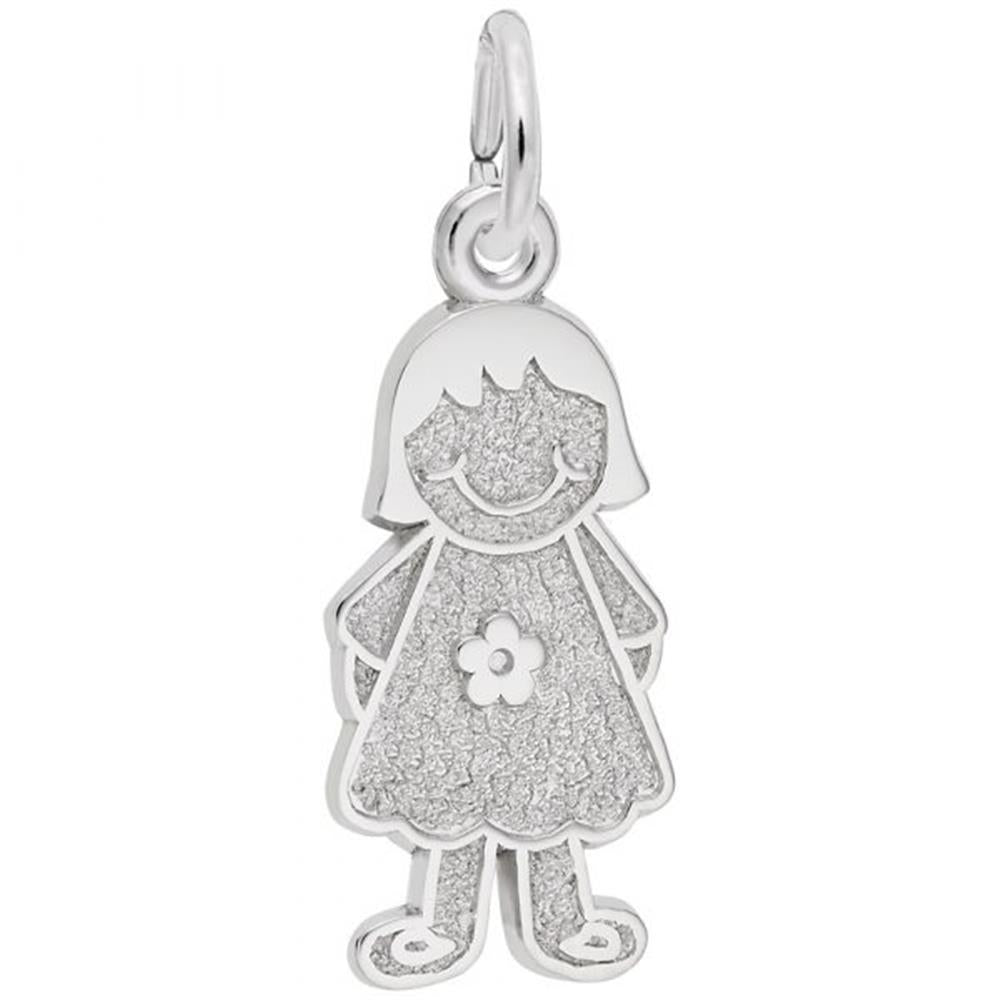 The Girl With Dress & Flower Charm in Sterling Silver by Rembrandt Charms features a little girl with a short bob haircut and a happy facial expression. She wears a textured dress adorned with a flower design, and the charm includes a small loop at the top for easy attachment to a necklace or bracelet.
