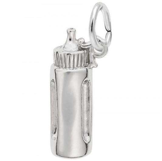 The image shows the Sterling Silver Baby Bottle Charm from Rembrandt Charms. This charm is crafted in sterling silver and features a detailed baby bottle design. The dimensions are 0.21 inches by 0.65 inches (5.36 mm x 16.64 mm), and the style number is 8170. This charm is a perfect keepsake to celebrate the nurturing and care associated with a new addition to the family, making it a timeless addition to any charm bracelet.