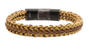Introducing the Allegiance Matte Stainless Steel Bracelet by INOX, a sophisticated accessory featuring interwoven strands of brown leather and gold-plated chain links, secured elegantly with a black clasp.