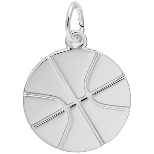 Image of a sterling silver Flat Basketball Charm, Style 7786, 0.69 in x 0.69 in (17.54 mm x 17.54 mm). The charm features a flat, detailed depiction of a basketball, attached to a loop for easy addition to any charm bracelet.
