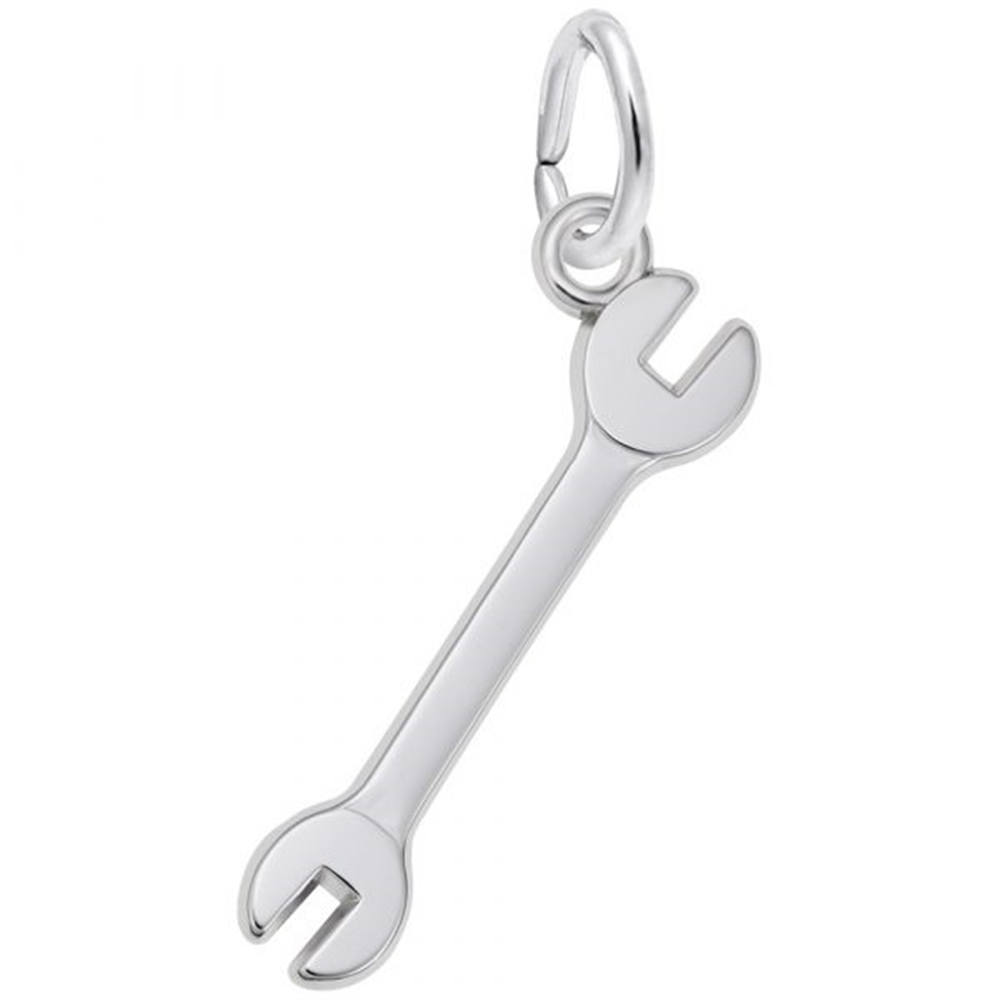 The Rembrandt Charms Wrench Charm - Sterling Silver is a finely crafted, wrench-shaped pendant featuring two differently sized open ends and an attached loop at the top, perfect for adding to a bracelet or necklace.