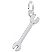 The Rembrandt Charms Wrench Charm - Sterling Silver is a finely crafted, wrench-shaped pendant featuring two differently sized open ends and an attached loop at the top, perfect for adding to a bracelet or necklace.