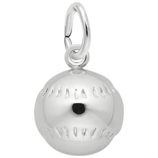 The image shows the Sterling Silver Baseball Charm from Rembrandt Charms. The charm is crafted in sterling silver and features a detailed design of a baseball. It measures 0.44 inches by 0.44 inches (11.26 mm x 11.26 mm) and has the style number 1523. This charm is a perfect keepsake for baseball fans and players.