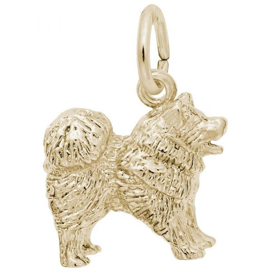 The Rembrandt Charms Chow Chow Dog Charm is crafted from gold-plated sterling silver, featuring detailed fur, a curled tail, and a hanging loop—an ideal gift for dog lovers.