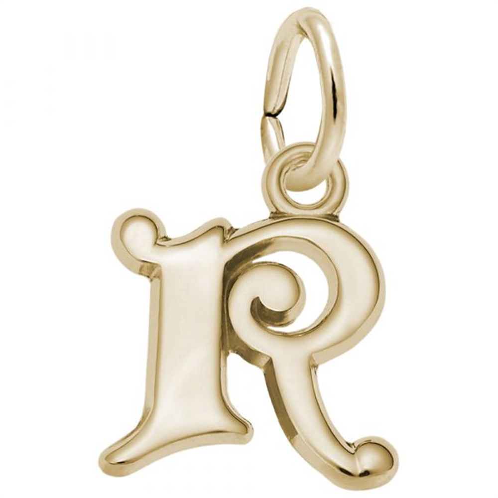 The Curly Initial R Accent Charm in Gold-Plated Sterling Silver by Rembrandt Charms showcases a lustrous gold-plated charm designed in the shape of a curly "R" with an elegant script style. It includes a loop at the top for easy attachment to a chain or bracelet, making it an ideal accent to enhance sterling silver jewelry.