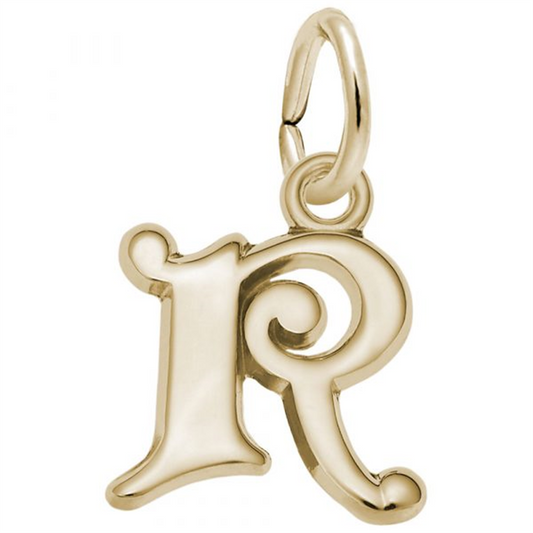 The Curly Initial R Accent Charm in Gold-Plated Sterling Silver by Rembrandt Charms showcases a lustrous gold-plated charm designed in the shape of a curly "R" with an elegant script style. It includes a loop at the top for easy attachment to a chain or bracelet, making it an ideal accent to enhance sterling silver jewelry.