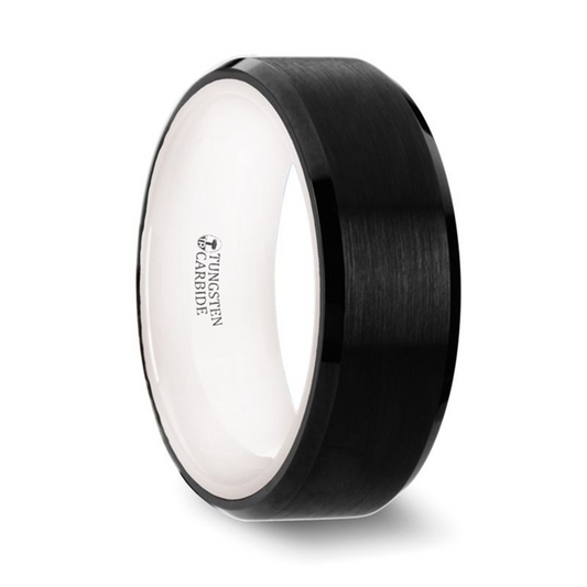 Introducing the Thorsten SIGMA men's wedding band: an 8mm black tungsten carbide ring that elegantly combines a brushed center with polished beveled edges. The exterior boasts a sophisticated glossy finish, while the white interior, engraved with "TUNGSTEN CARBIDE," enhances its modern and sleek appearance.