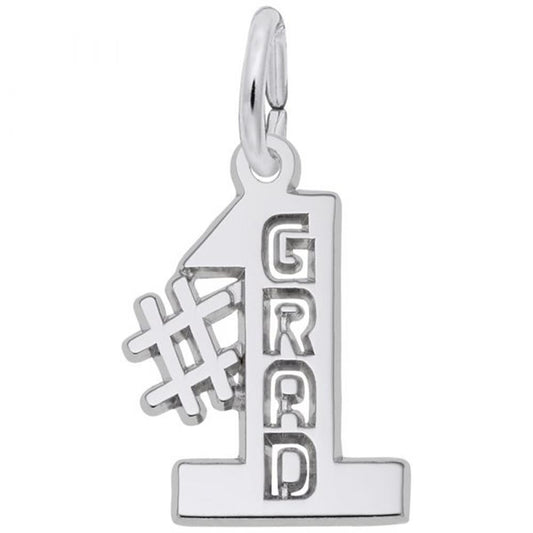 The #1 Grad Charm in Sterling Silver by Rembrandt Charms is a beautifully crafted pendant in the shape of the number one, with "GRAD" vertically engraved. Featuring a hashtag symbol on the left side, it presents as a perfect "#1 Grad Charm." A loop at the top allows easy attachment to any chain.