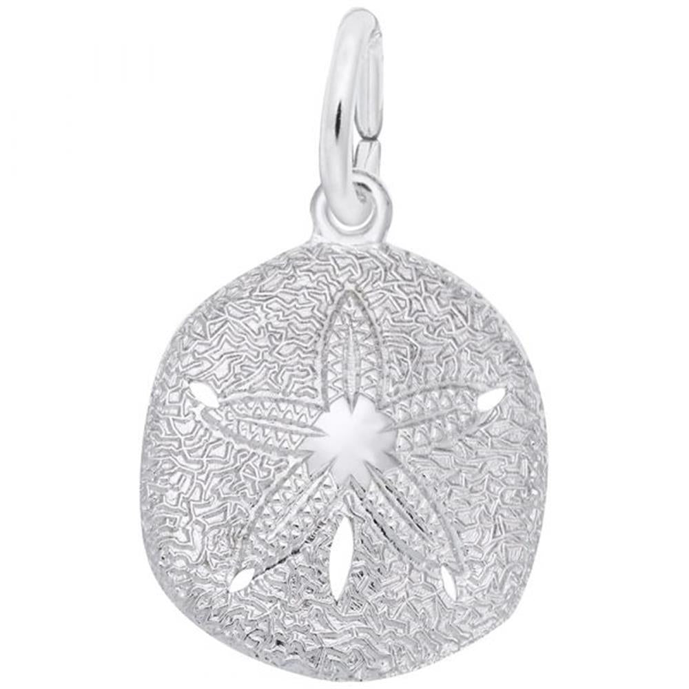The Sand Dollar Charm in Sterling Silver by Rembrandt Charms showcases intricate details, with a central star-shaped pattern and small cutouts. It features a convenient loop at the top, making it easy to attach to a necklace or bracelet.